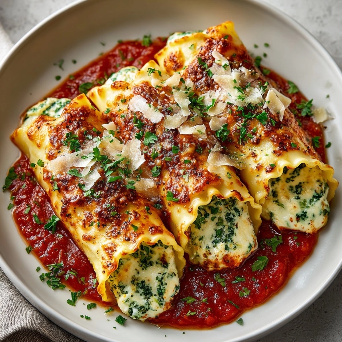 Freshly baked ricotta spinach lasagna rolls served hot, showcasing creamy filling and crispy, bubbly cheese.