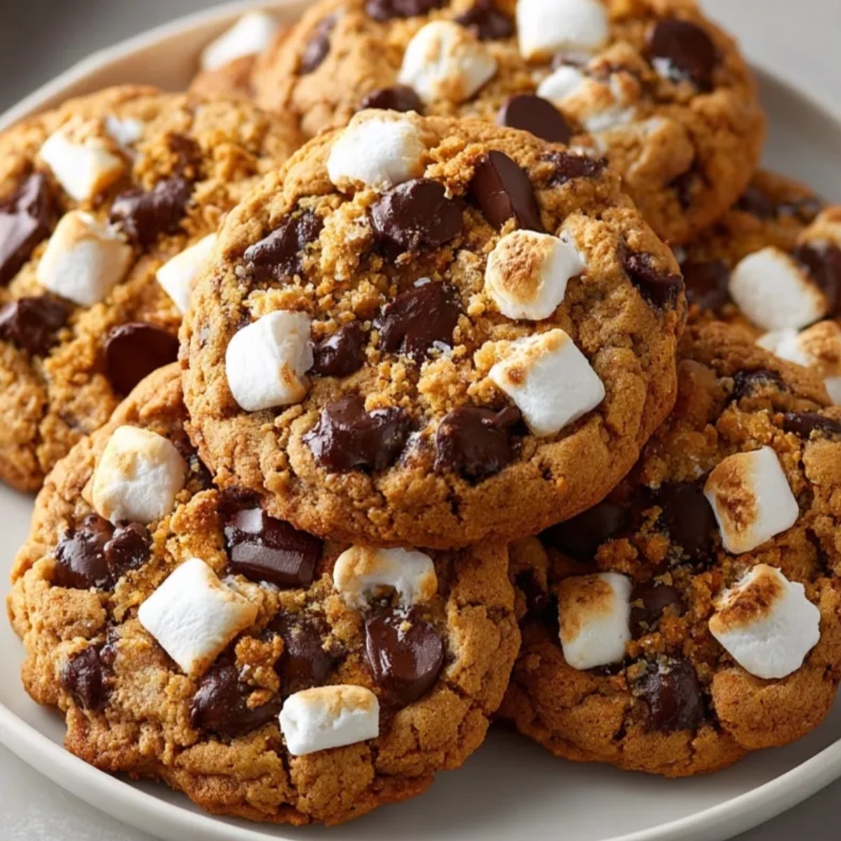 Close-up of a stack of soft pumpkin s’mores cookies, hints of cinnamon and graham cracker.