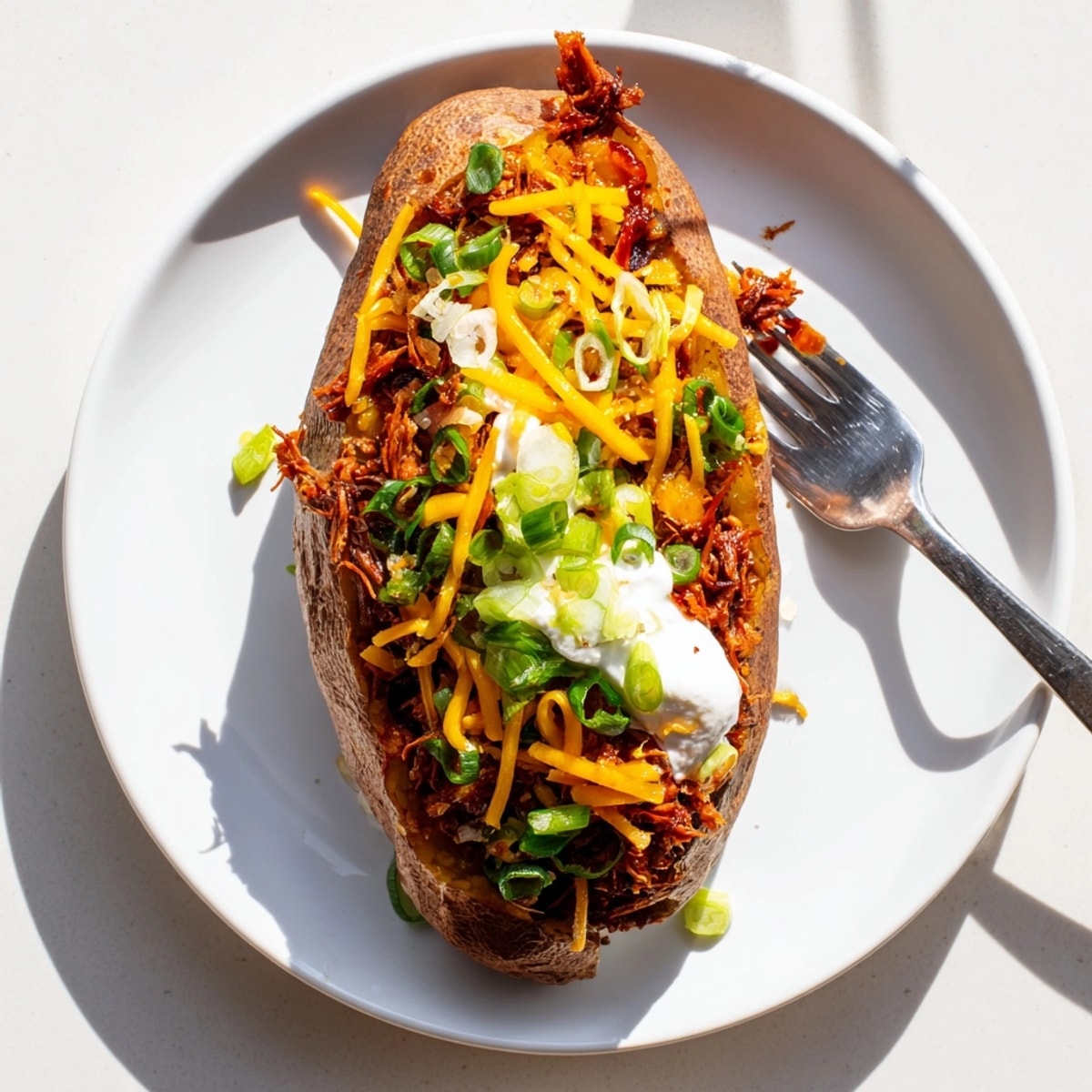 Rustic, hearty Pulled Pork Stuffed Baked Potatoes: a comforting, smoky, and cheesy baked delight.