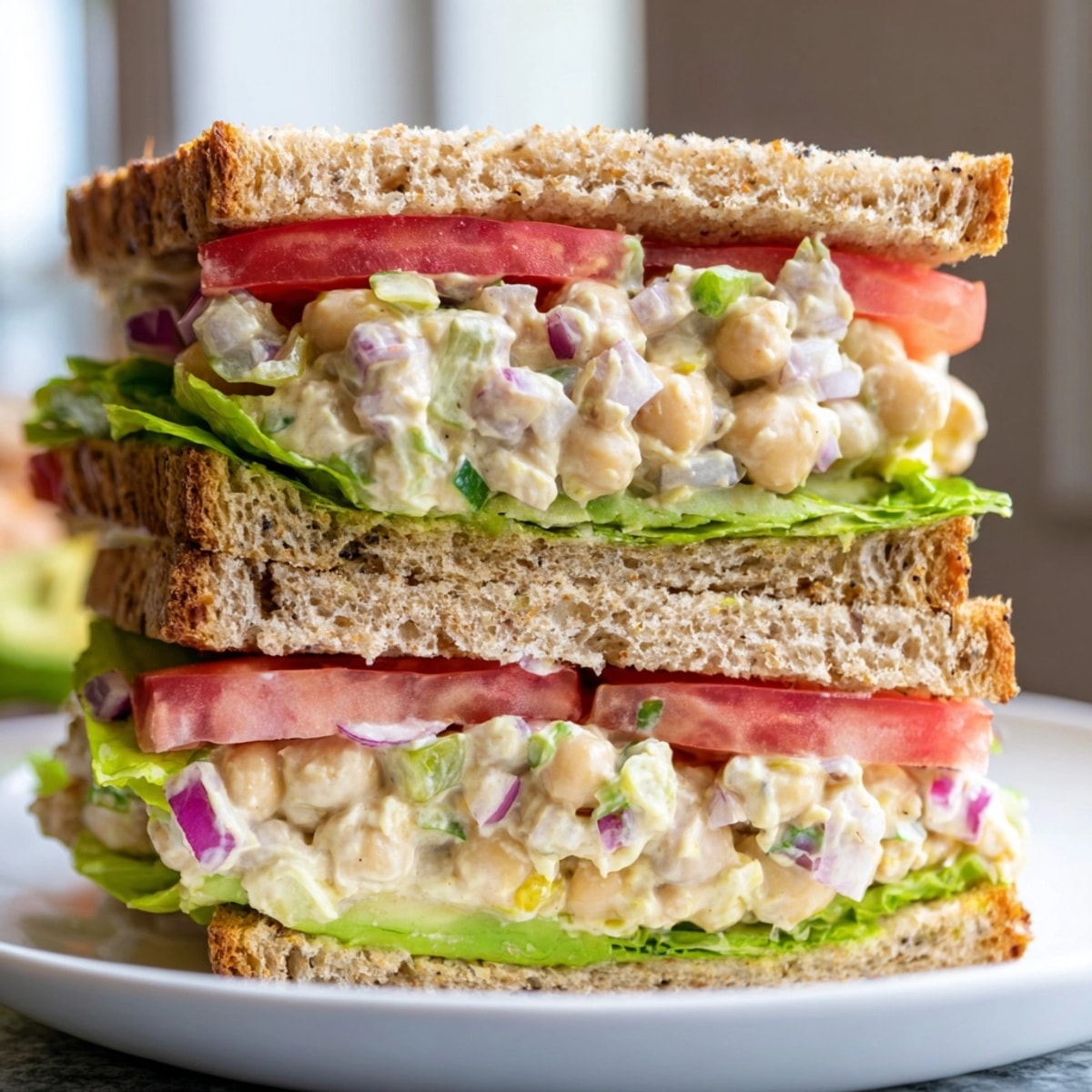 Golden-crusted bread enveloping a hearty, creamy Smashed Chickpea Salad Sandwich filling; a satisfying vegetarian lunch.