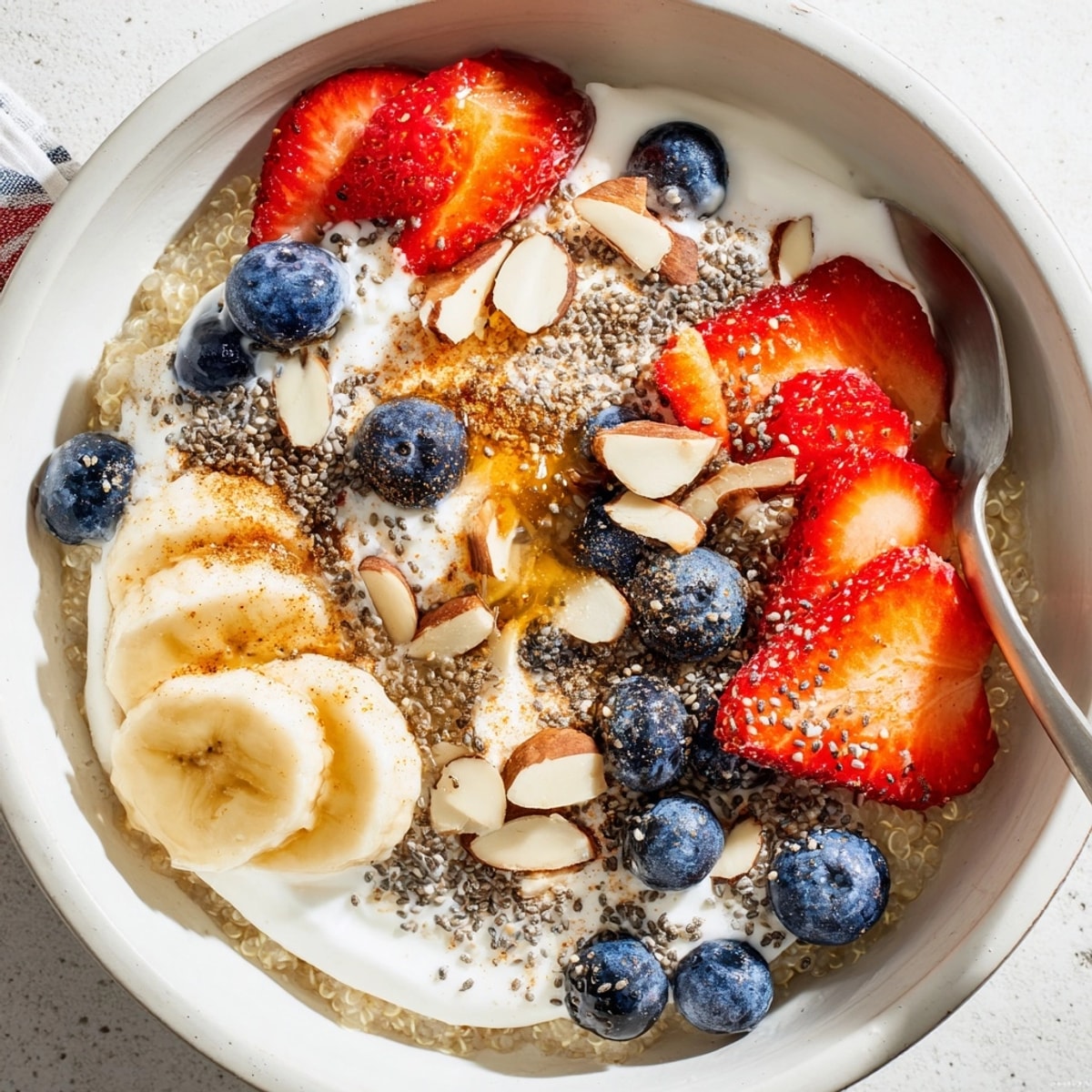 Creamy Greek yogurt tops a warm Quinoa Breakfast Bowl loaded with fresh berries and sliced banana.