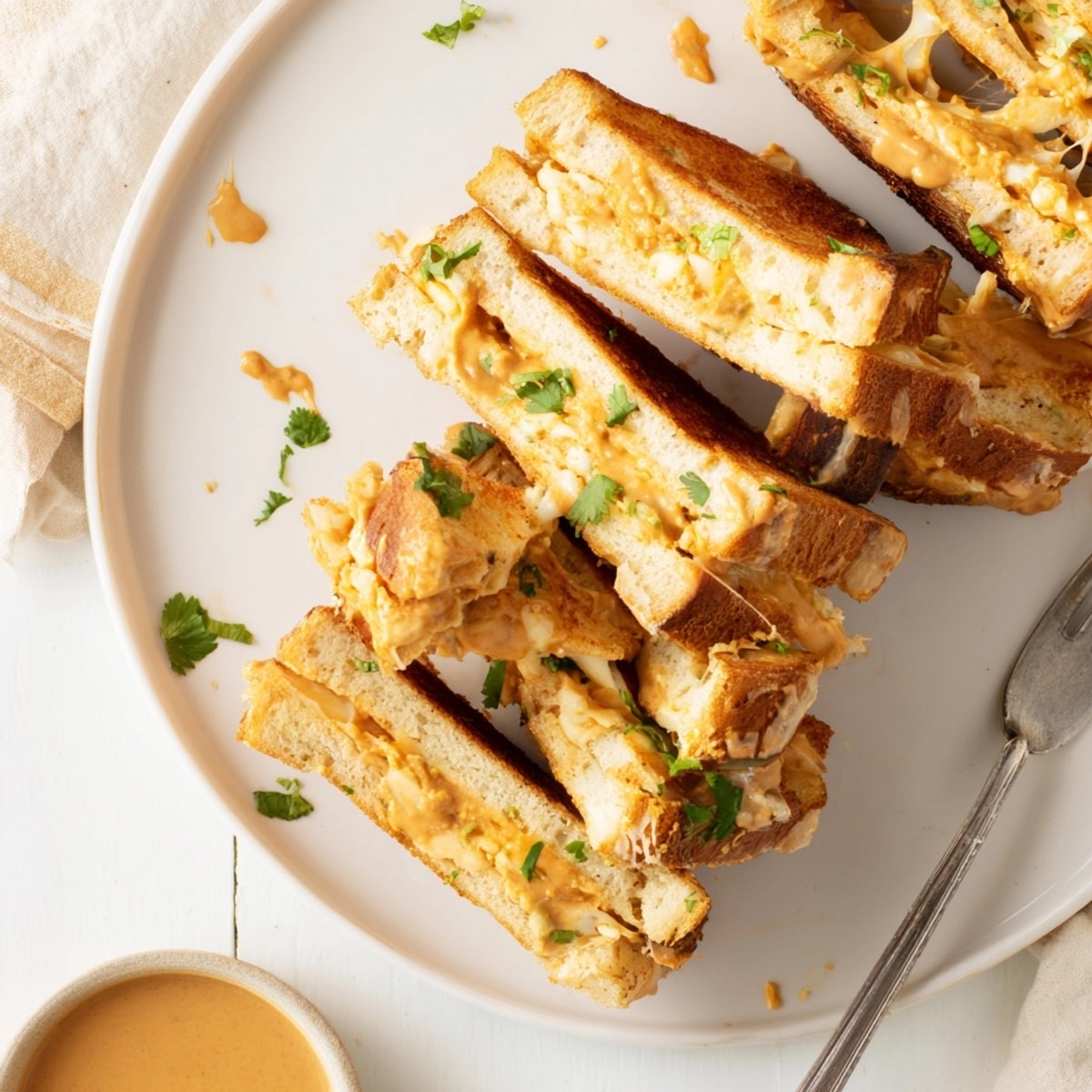 Golden, crispy Thai Peanut Grilled Cheese Sticks with melted cheese; a comforting snack.
