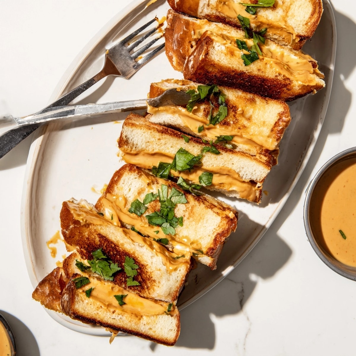 Melting cheese oozes from delicious Thai Peanut Grilled Cheese Sticks, a warm appetizer.