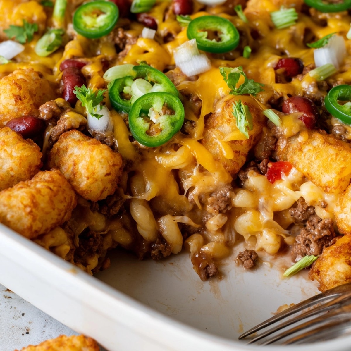 Close-up of golden, cheesy Mac and Cheese Chili Cheese Tots on a platter.