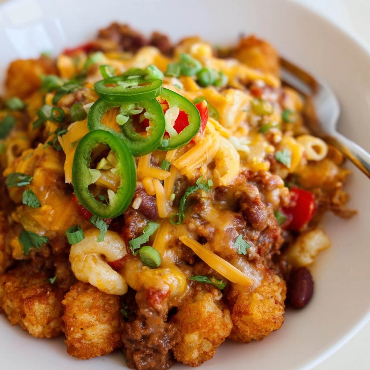 Homemade Mac and Cheese Chili Cheese Tots, a delicious piled-high game day appetizer.