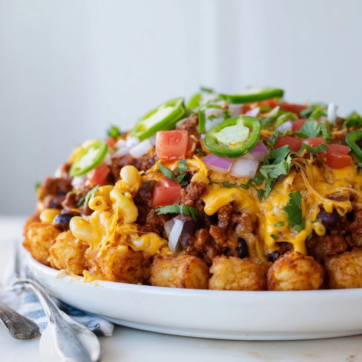 Oven-baked Mac and Cheese Chili Cheese Tots: savory comfort food with a spicy kick.