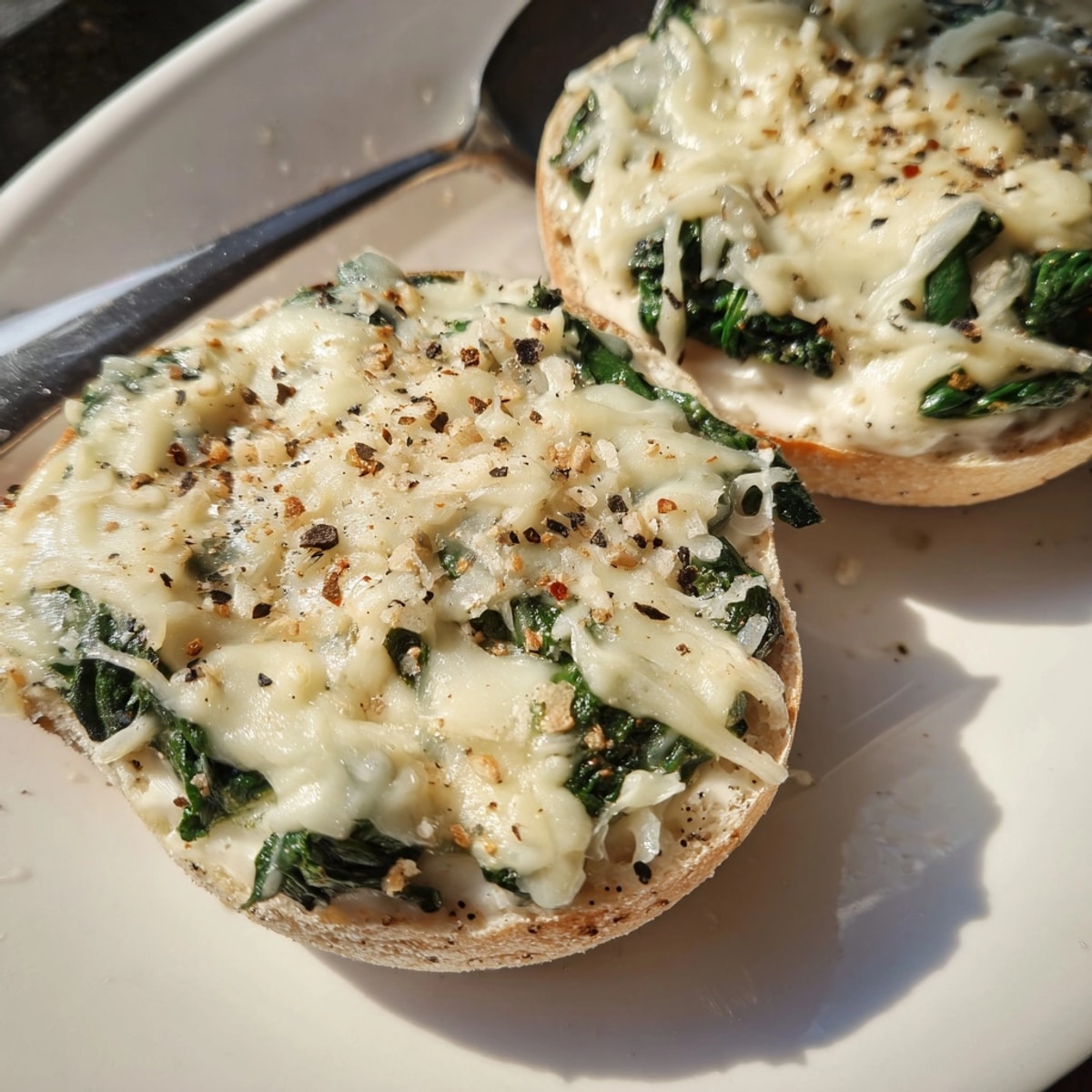 Close-up of bubbling, cheesy Alfredo Spinach Pizza Bagel Bites, fresh from the oven; golden-brown perfection.