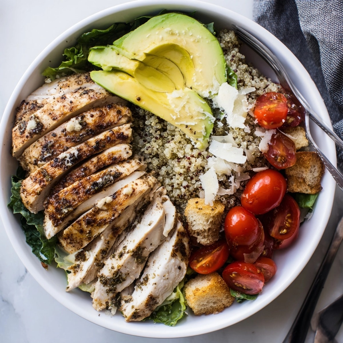 Close-up of a colorful Avocado Chicken Caesar Grain Bowl, ready to enjoy.