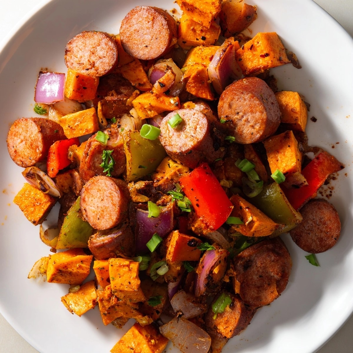 Savory Cajun Sausage Sweet Potato Hash in a skillet, ready to be served.