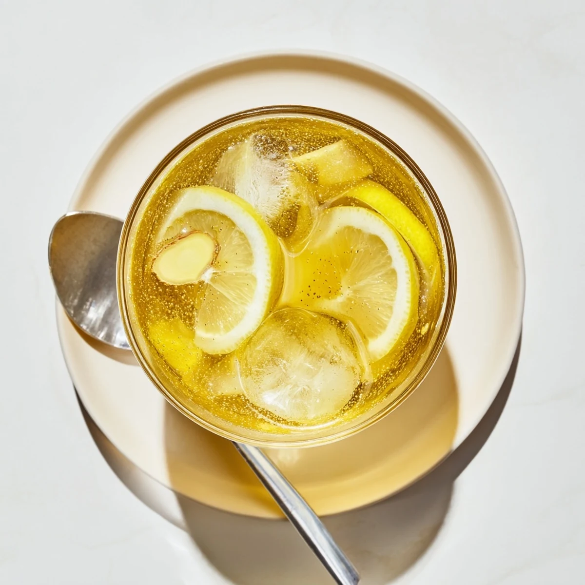 Maple Ginger Sour mocktail in glasses garnished with lemon and fresh ginger slices.