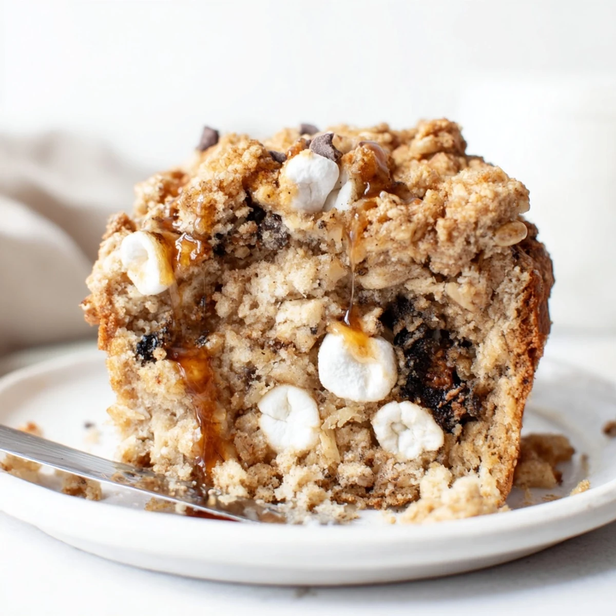 Indulgent Smores Cinnamon Pretzel Muffin Loaf topped with mini marshmallows and chocolate chips.  