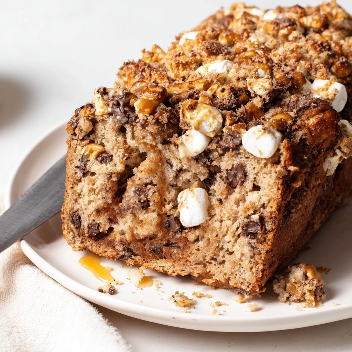 Deliciously sweet Smores Cinnamon Pretzel Muffin Loaf bursting with gooey chocolate and crunchy pretzels.  