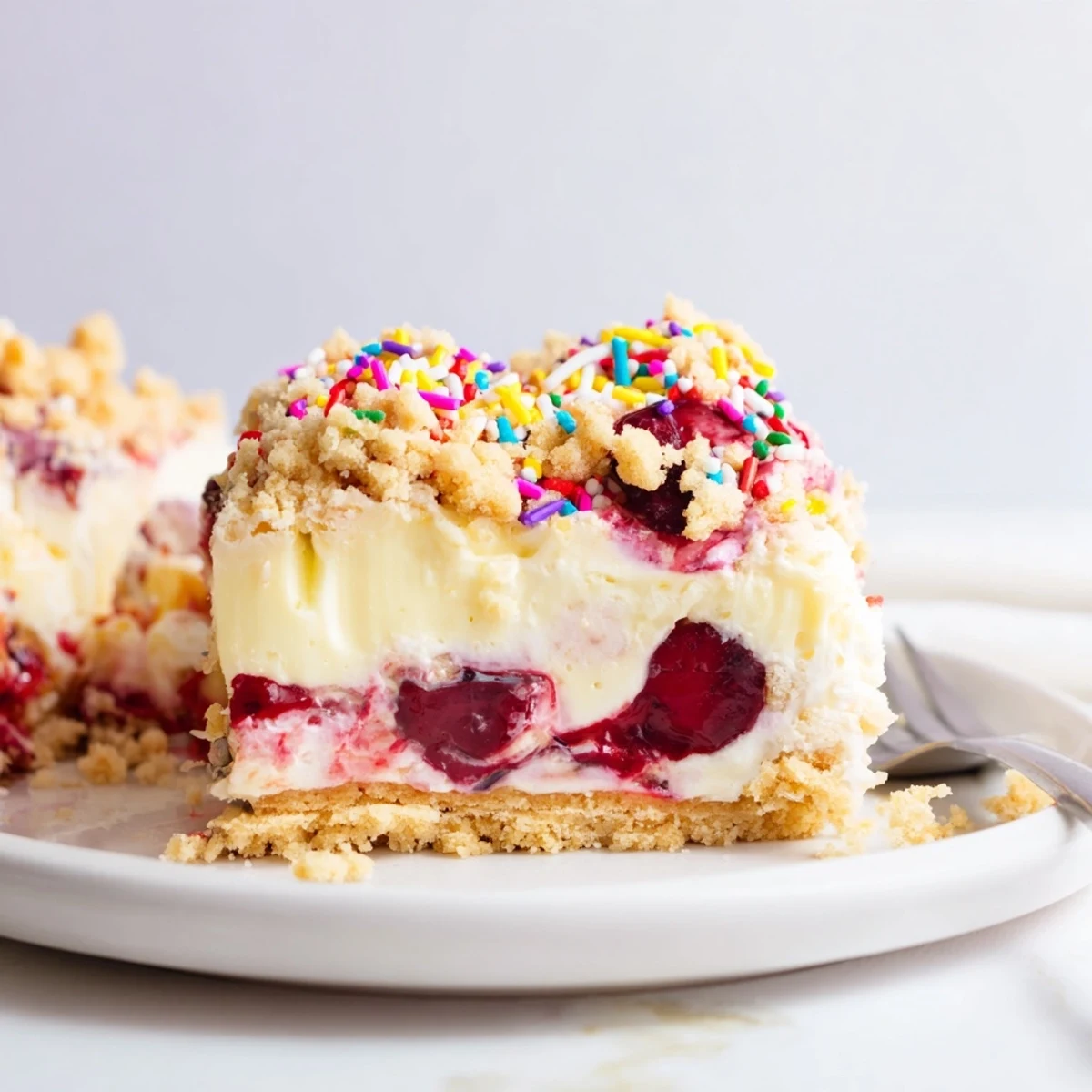 Decadent Cherry Cheesecake Birthday Cake Bars topped with colorful sprinkles and cherry sauce.
