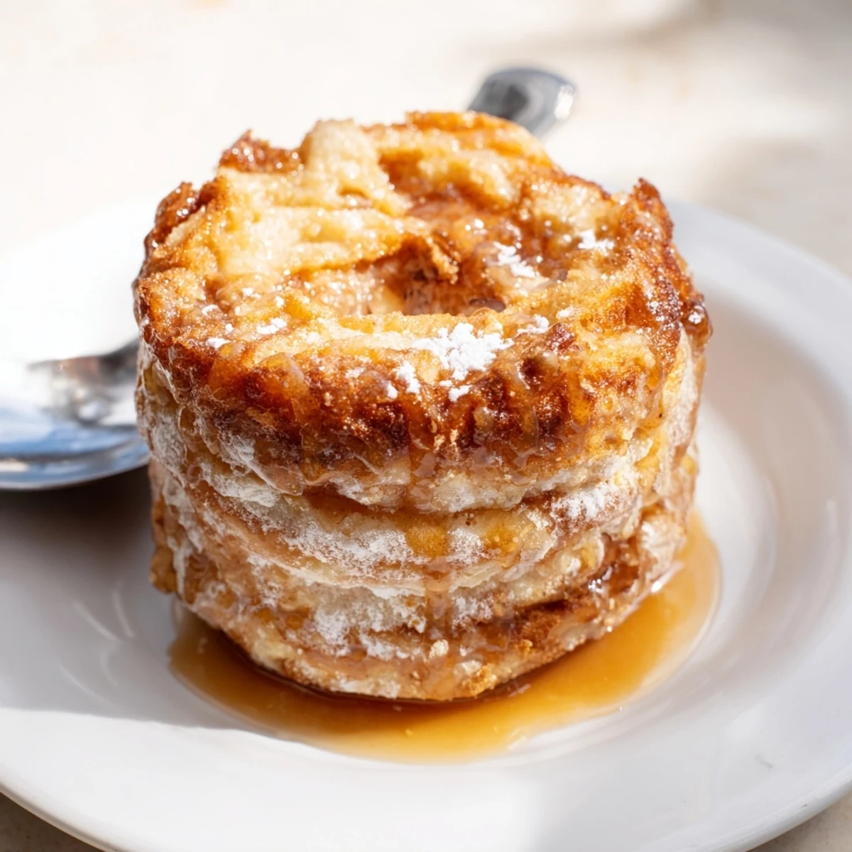 Golden brown Flaky Sweet Tea Pancake Donuts, puffed and glazed for a delicious snack.  