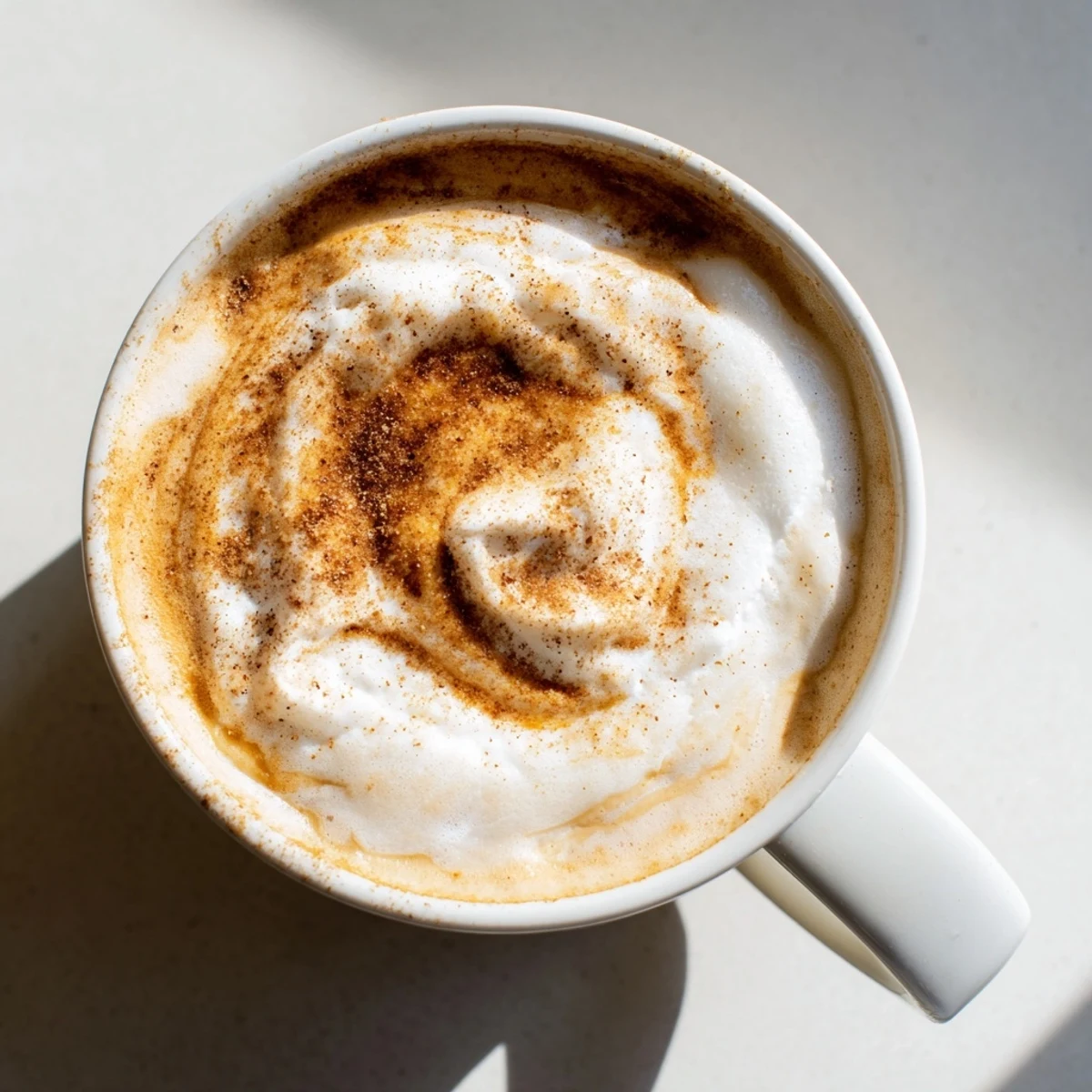 A steaming cup of healthier pumpkin spice latte garnished with frothy almond milk.  