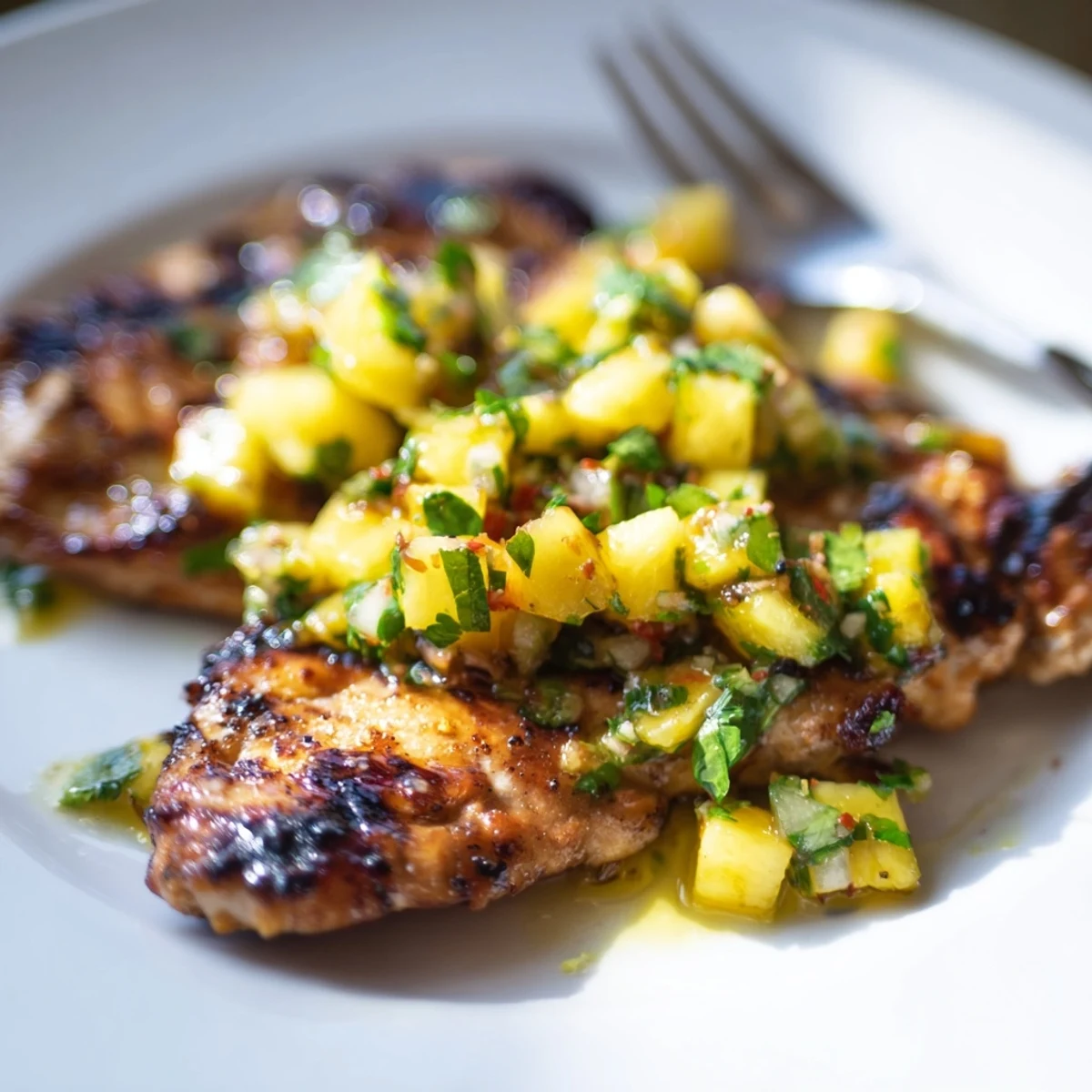 Juicy Tropical Pineapple Salsa Chicken topped with fresh cilantro and colorful salsa.  