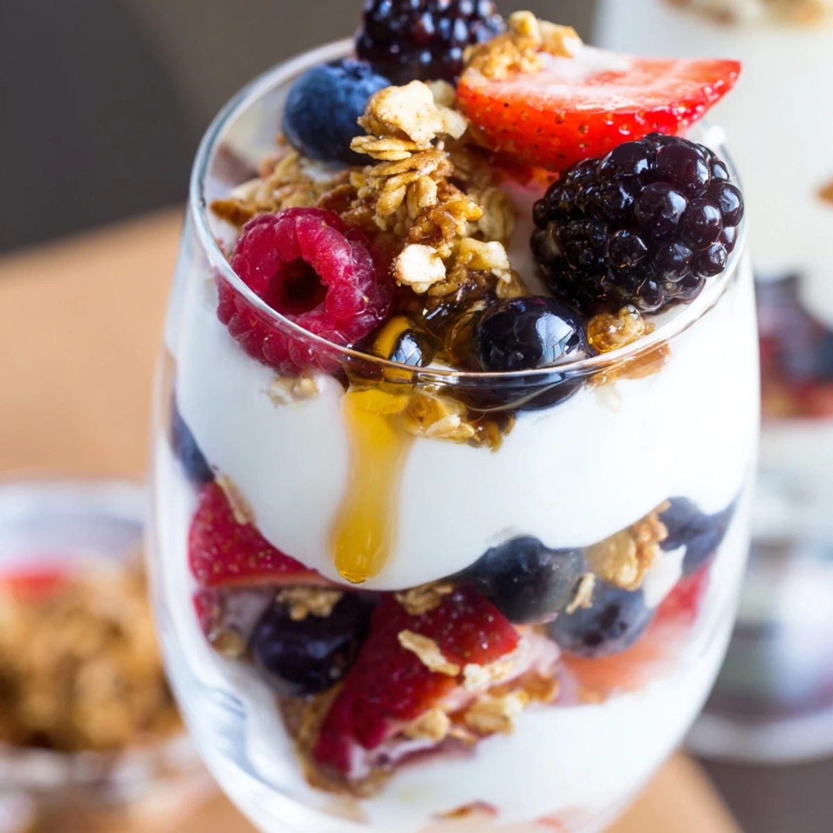 Colorful Quick Berry Yogurt Parfait topped with crunchy granola and honey drizzle.  