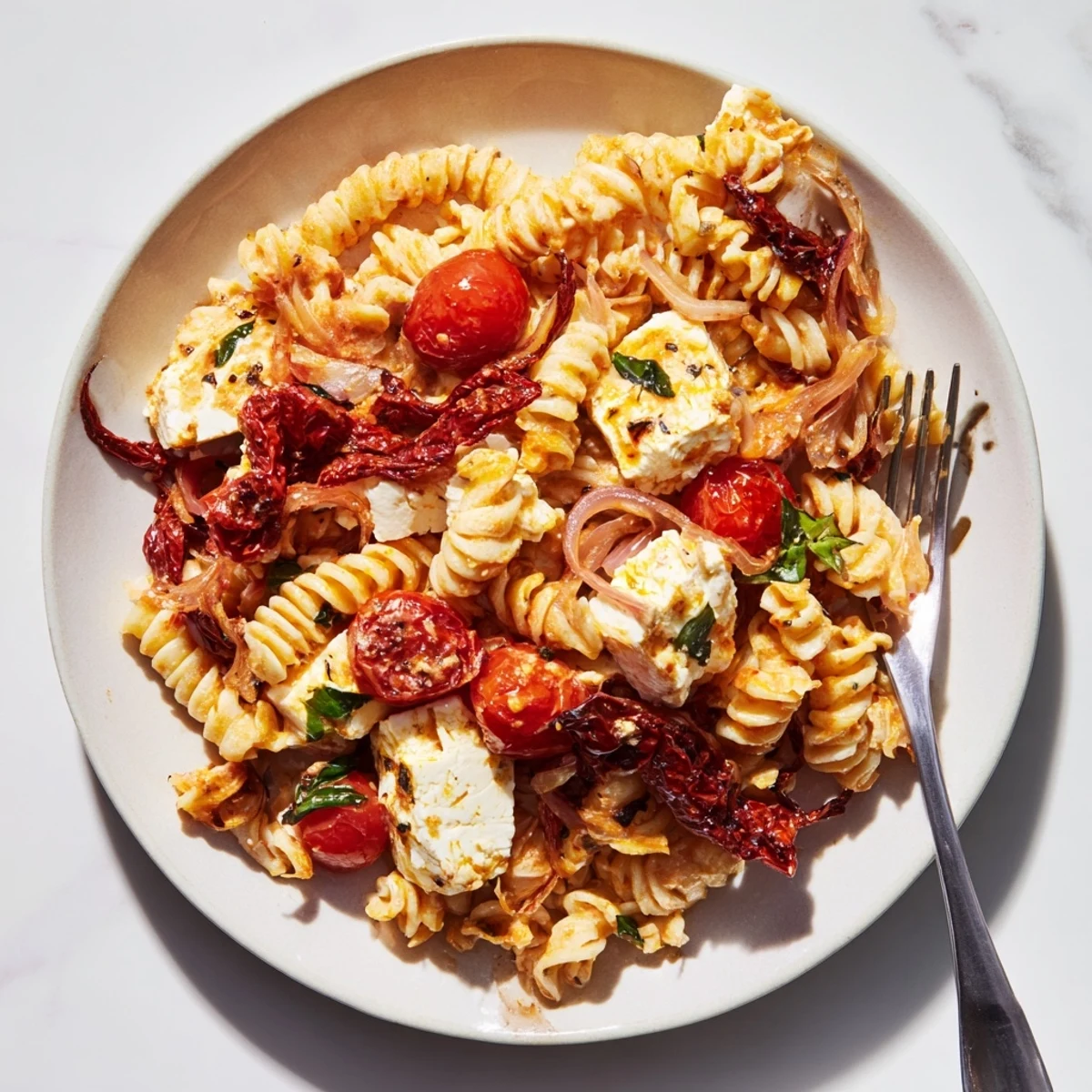 Creamy Baked Feta Pasta topped with caramelized onions and vibrant cherry tomatoes.  