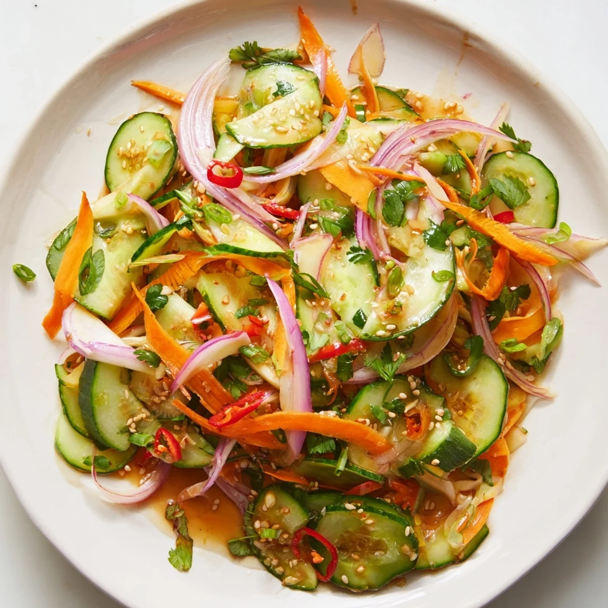 Delicious cucumber salad remix bursting with Asian flavors and vibrant vegetables.