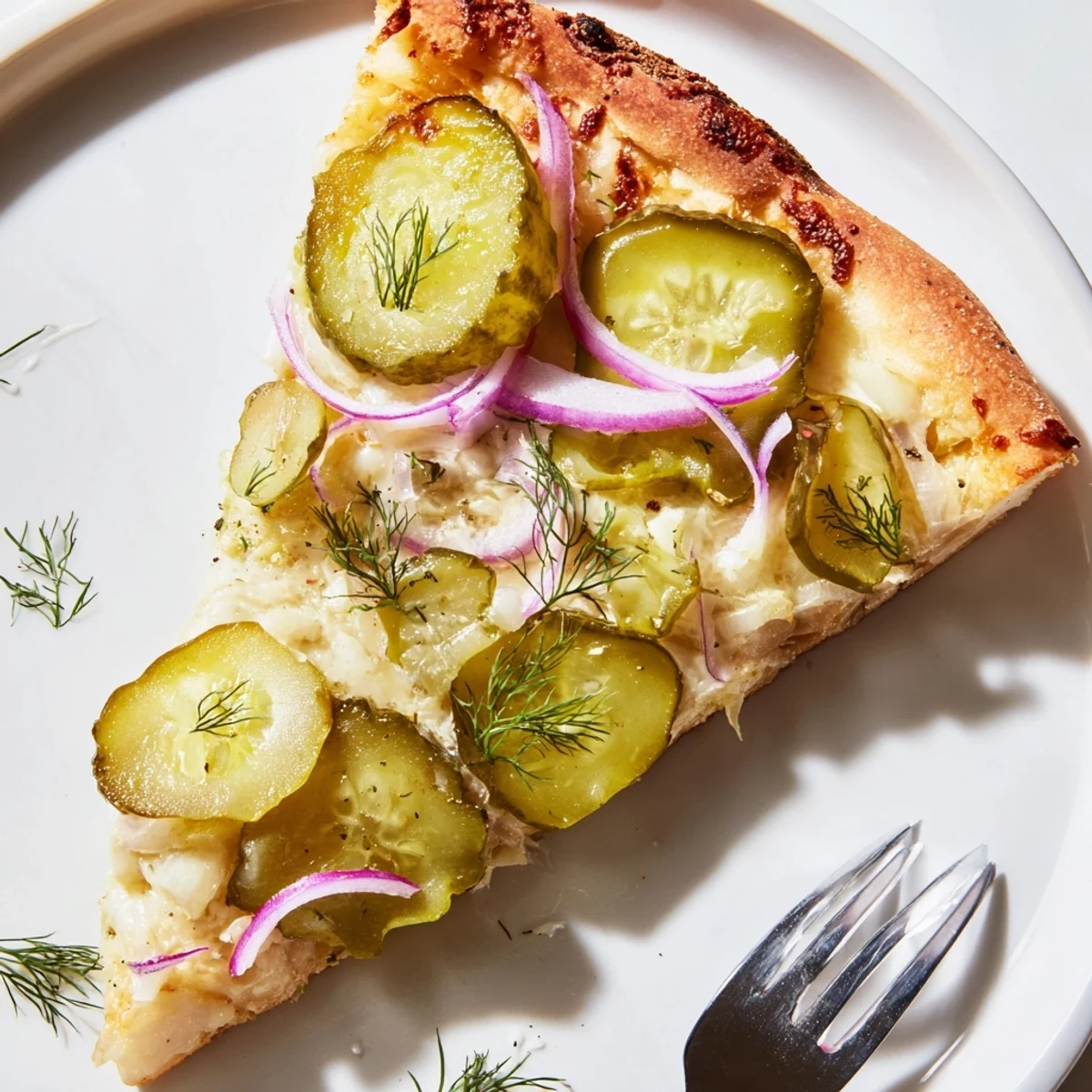 Creamy pickle pizza topped with dill and mozzarella, perfect for adventurous eaters.  
