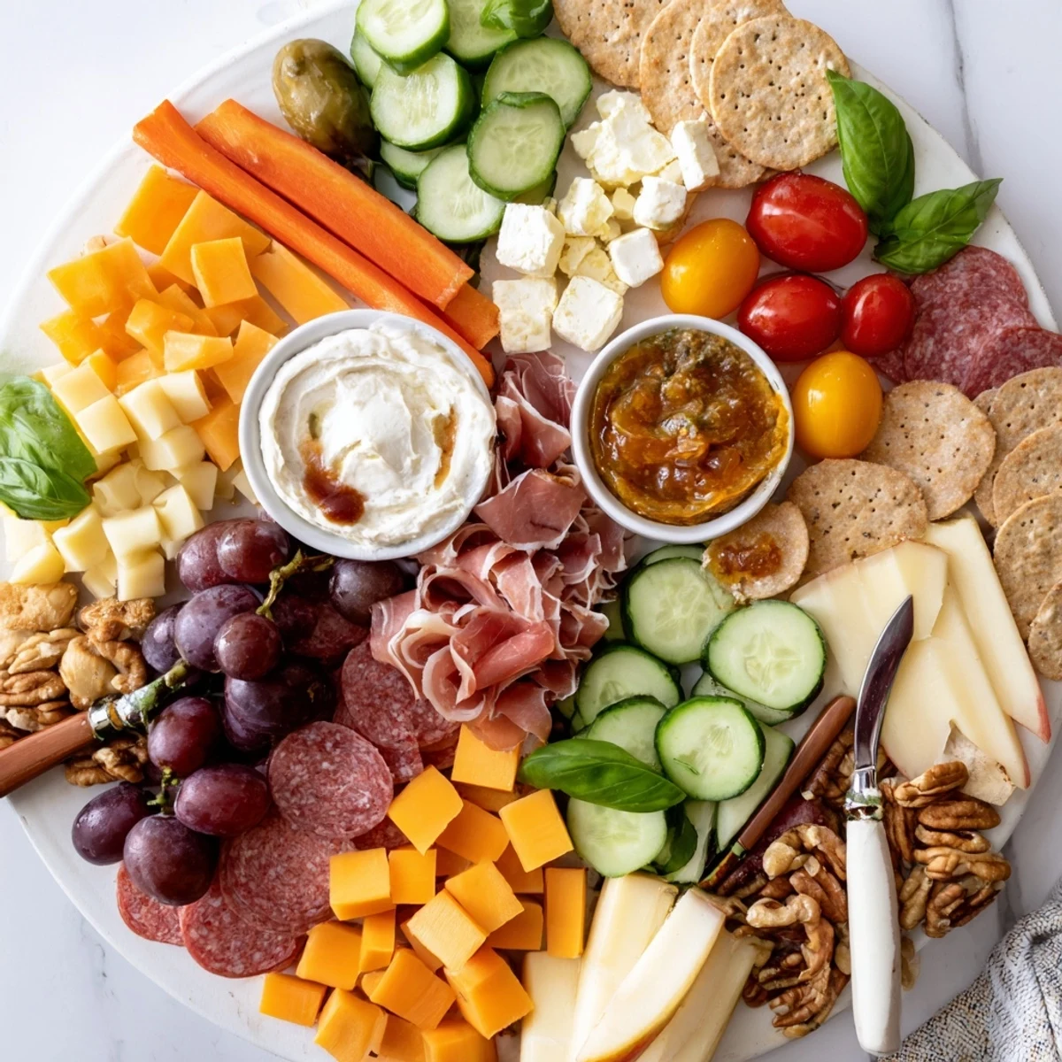 A vibrant Girl Dinner Platter featuring cheeses, fruits, and colorful snacks.  