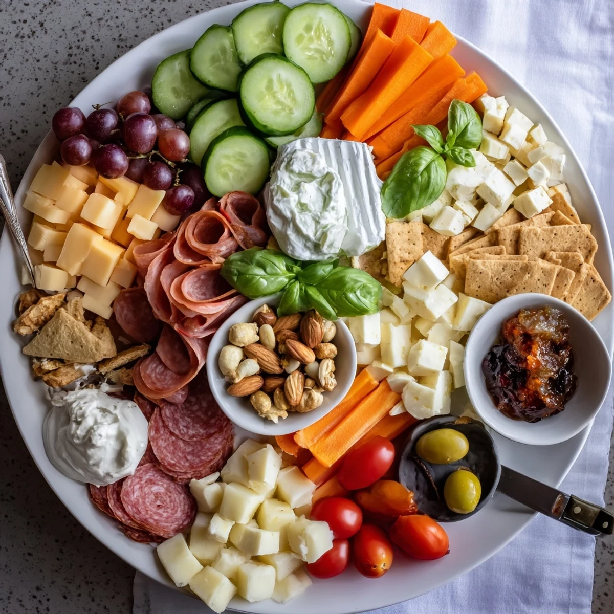 Enticing Girl Dinner Platter showcasing an array of cheeses, meats, and crunchy vegetables.