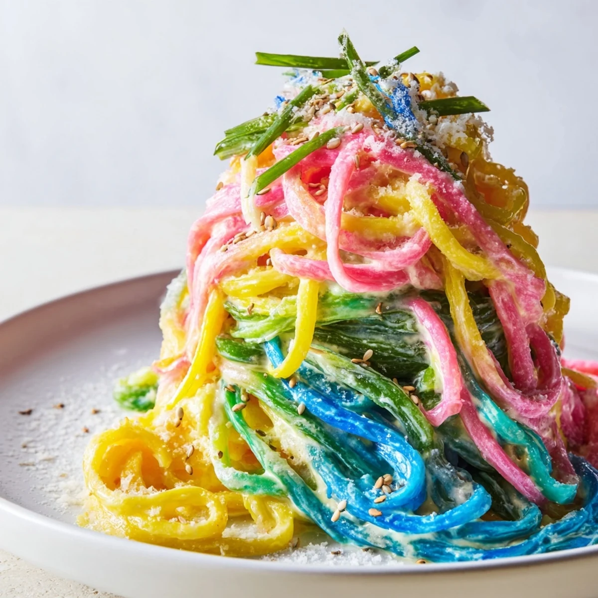 Whimsical Neon Noodle Cloud served with edible flowers and a luscious creamy sauce.  