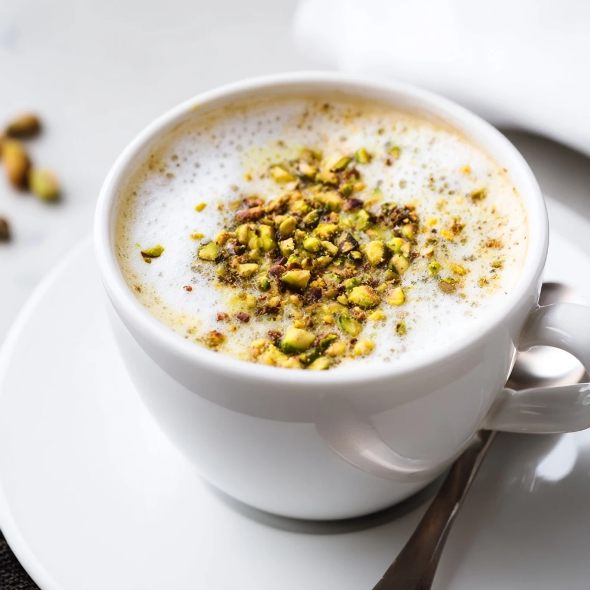 Creamy pistachio milk latte topped with crushed nuts, perfect for coffee lovers.  