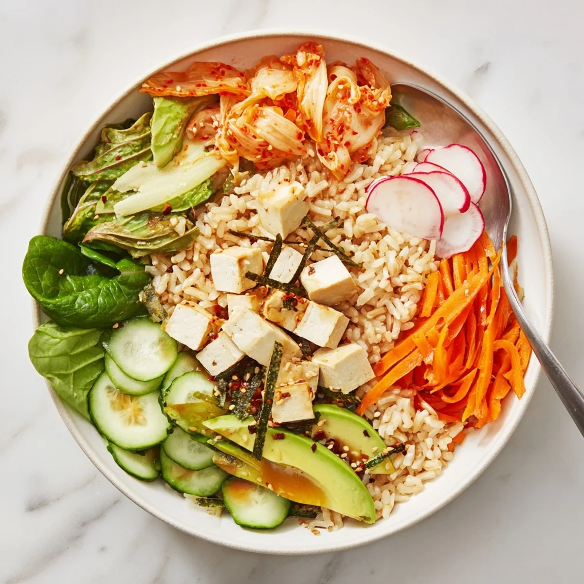Delicious Fermented Vegetable Bowl featuring spicy kimchi, creamy avocado, and nourishing grains.