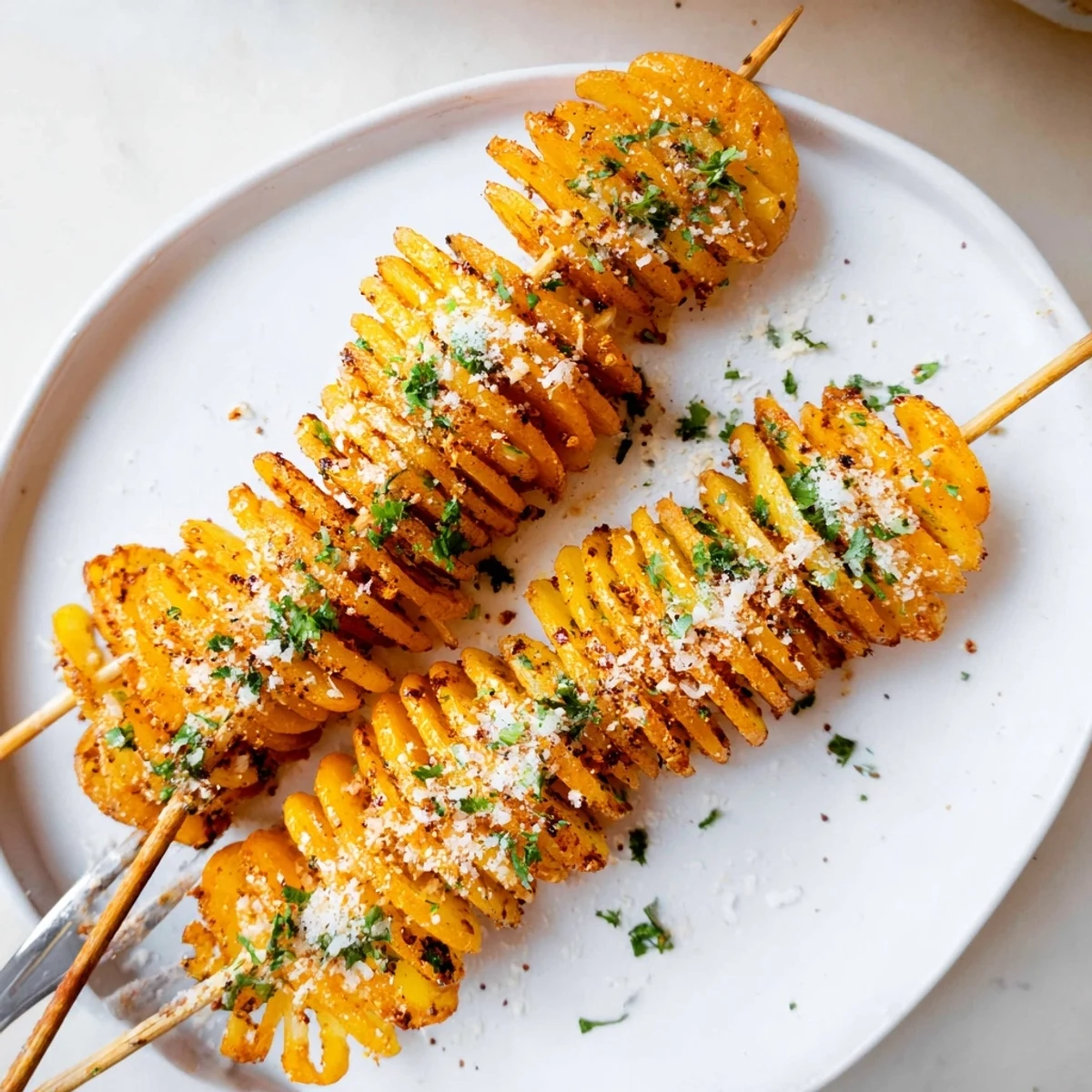 Crispy air-fryer tornado potatoes on skewers, garnished with parsley and Parmesan.  
