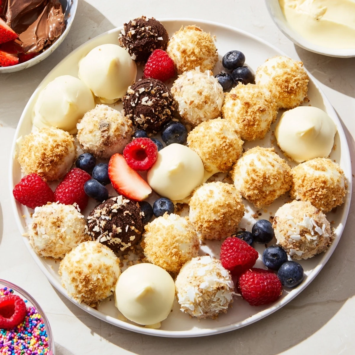 A beautiful deconstructed dessert board featuring cheesecake bites with vibrant toppings.  