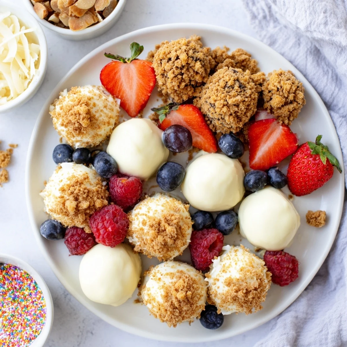 Inviting dessert board showcasing rich cheesecake bites and colorful toppings for everyone.