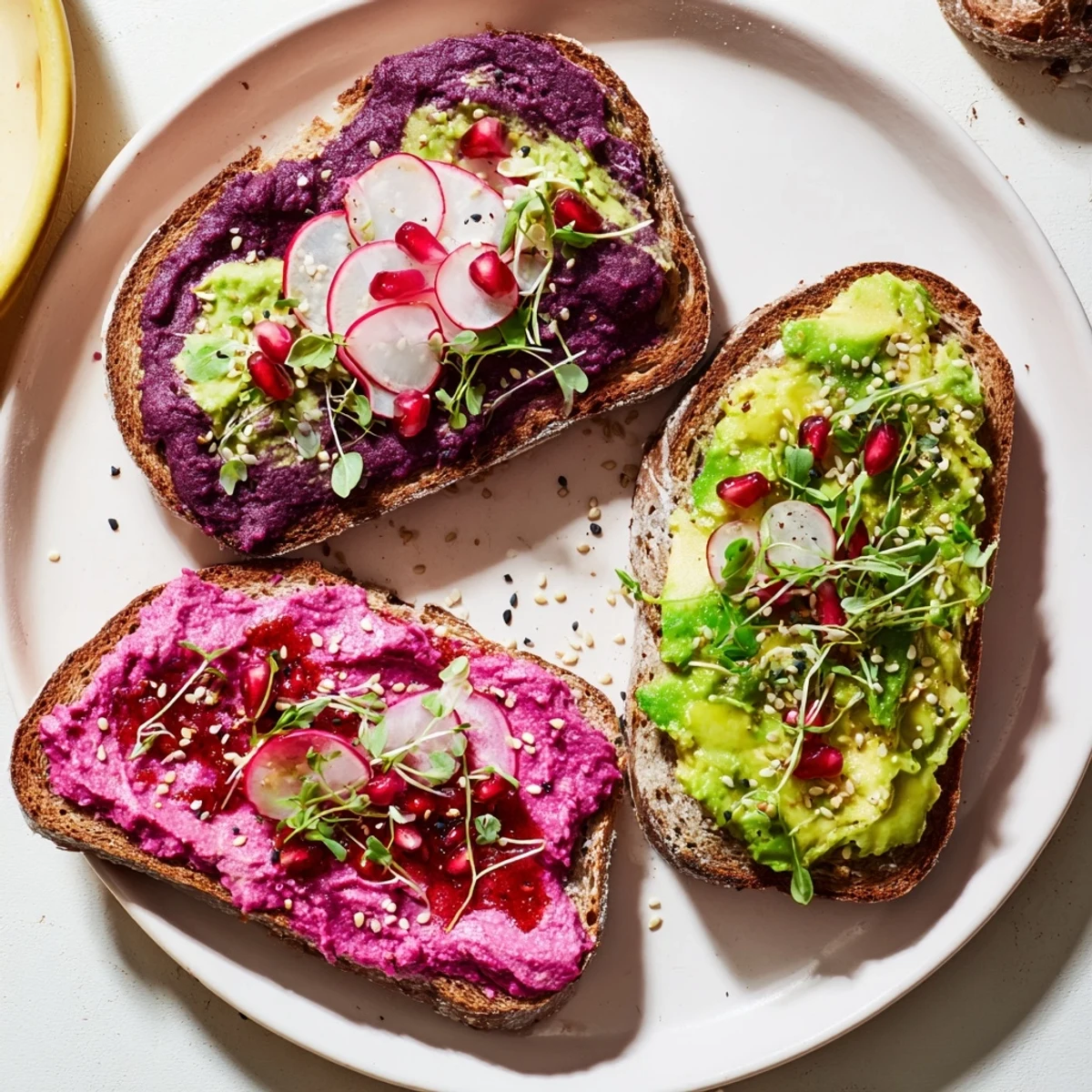 Delicious fusion breakfast toasts showcasing ube, fresh herbs, and a drizzle of olive oil.