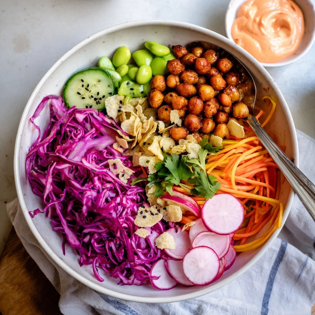 A colorful ASMR Crunch Snack Bowl filled with fresh veggies and crunchy toppings.  