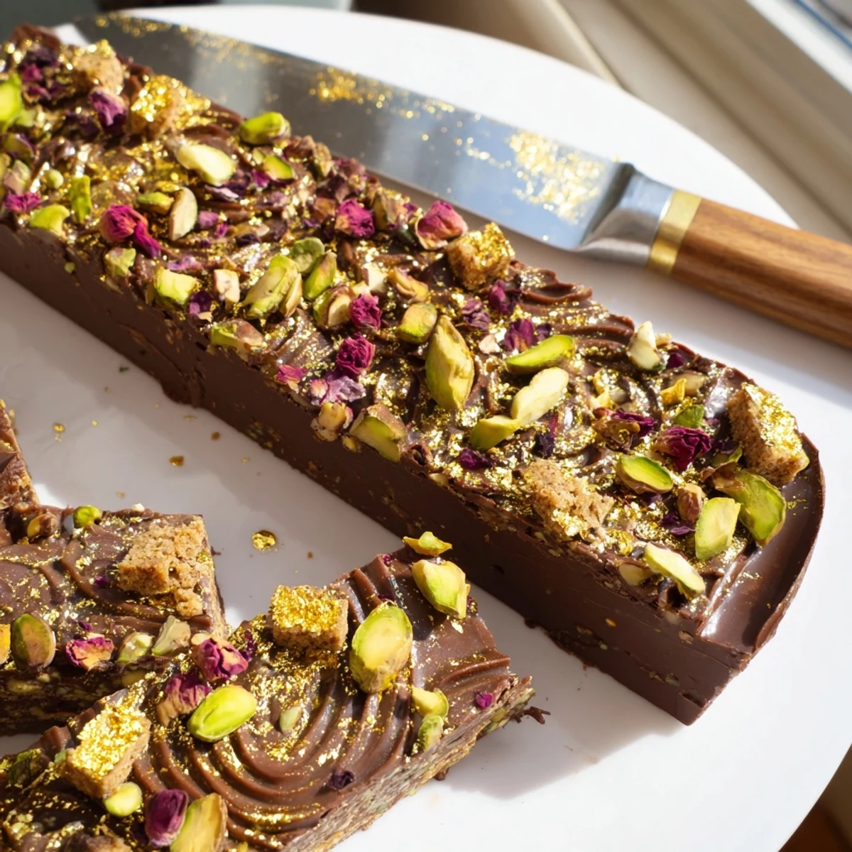 Decadent Chocolate Bar Inspired Creations garnished with rose petals and gold leaf.  