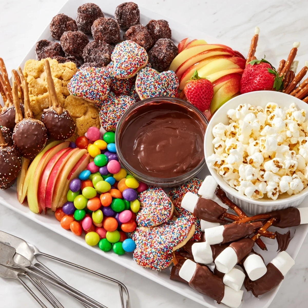 Delicious dessert boards with themed snacks, featuring colorful fruits and sweet treats. 