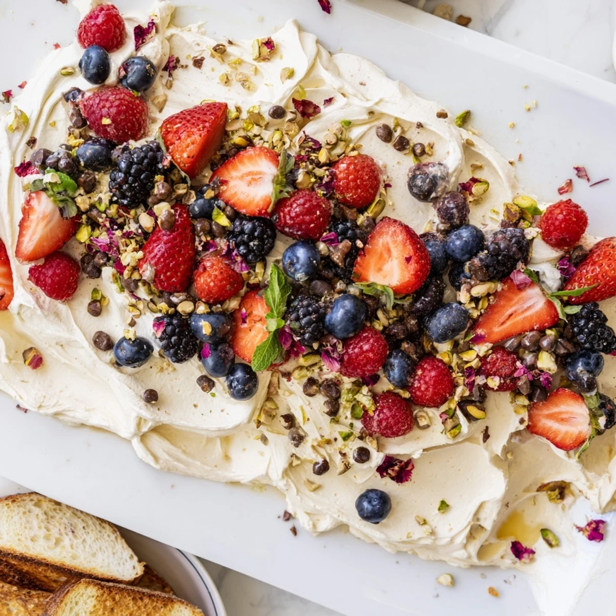 Delicious Butter Board Dessert topped with fresh berries and crunchy nuts.  