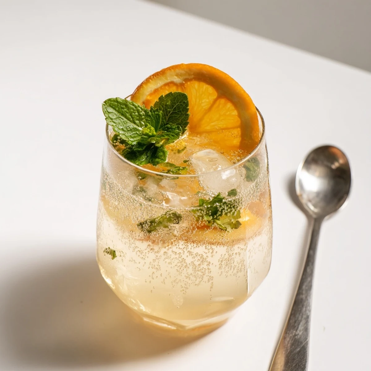 Refreshing probiotic soda mocktail with citrus and mint, perfect summer drink.  