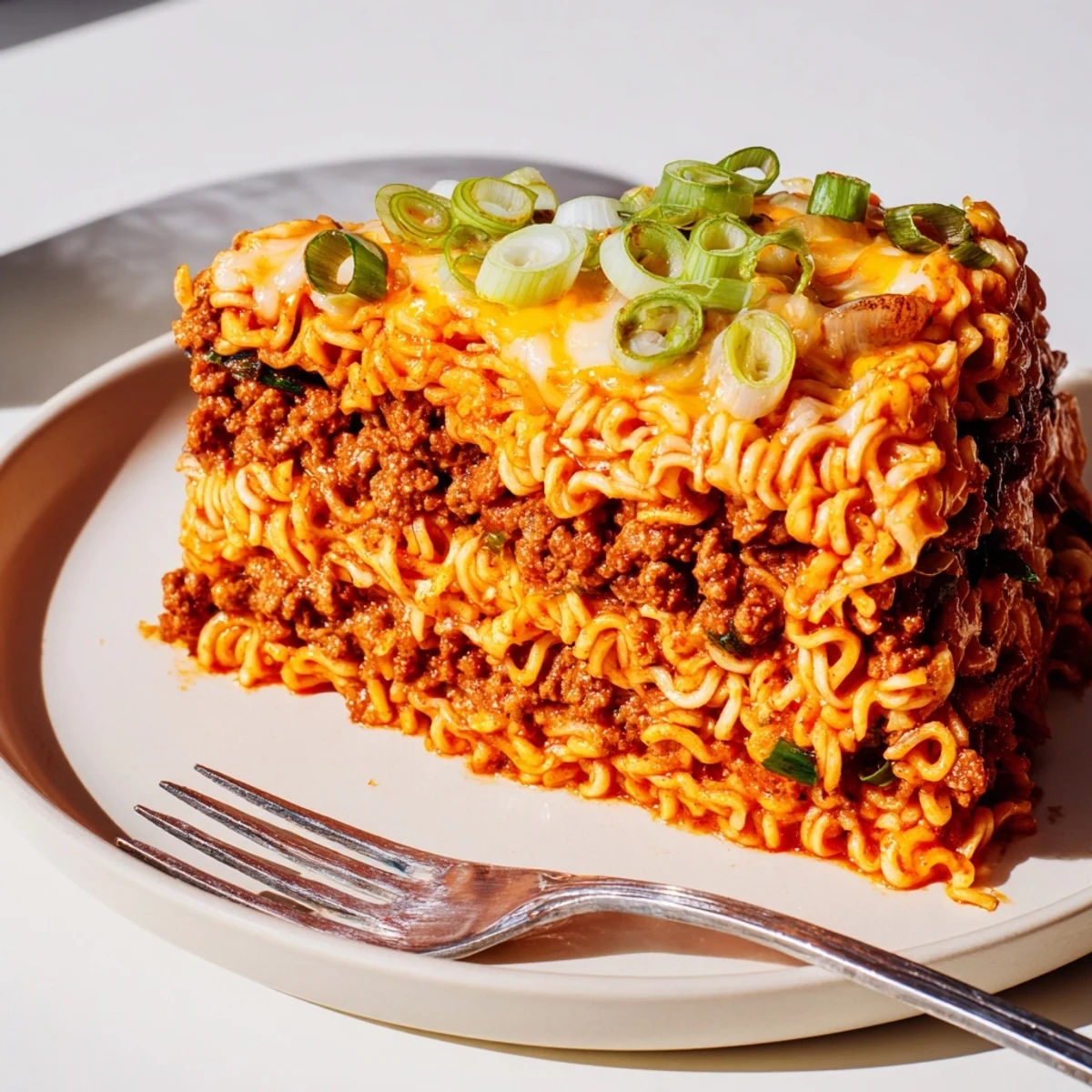 Layers of spicy ramen lasagna with creamy cheese and tangy tomato sauce.  
