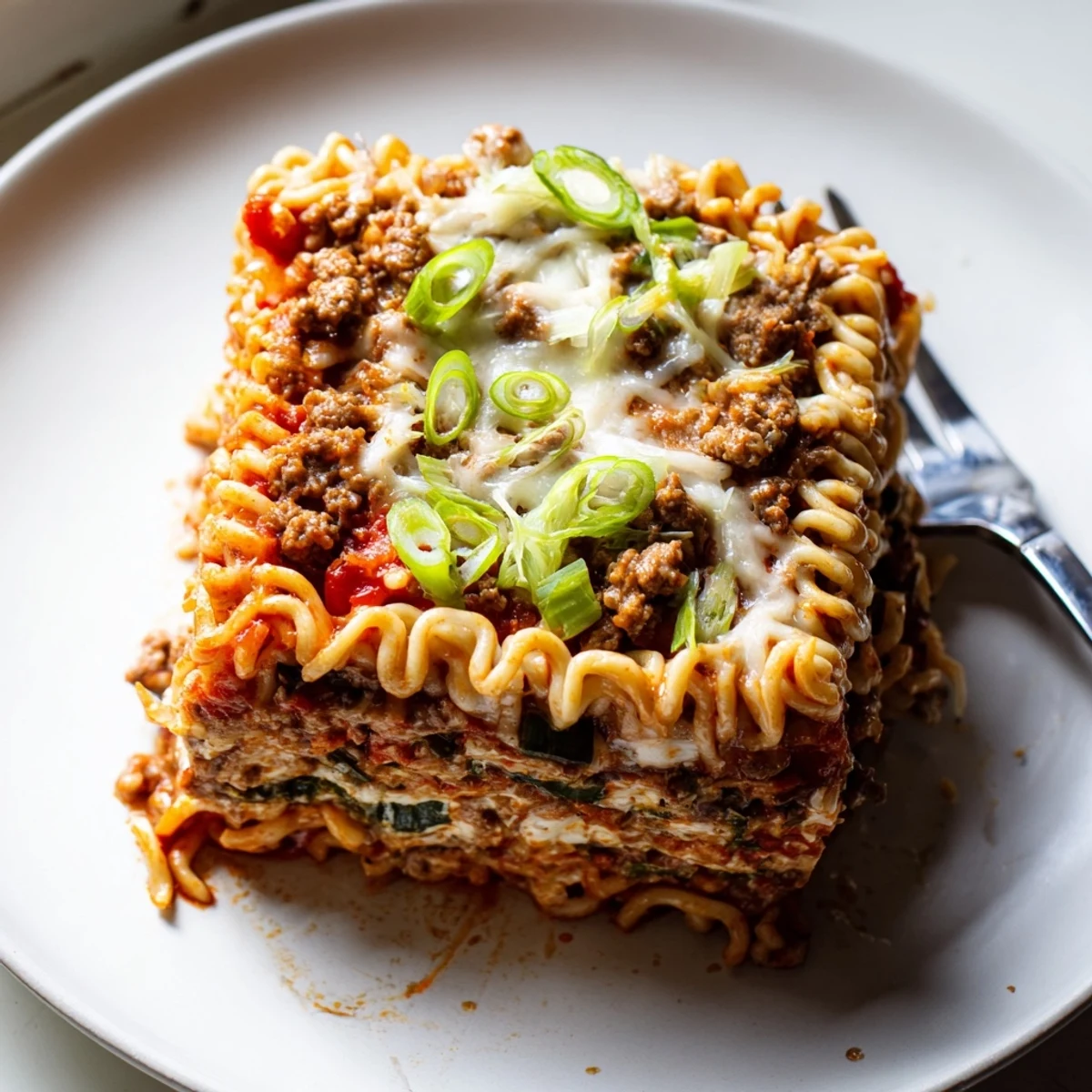 A delicious serving of spicy ramen lasagna topped with melted mozzarella cheese.  