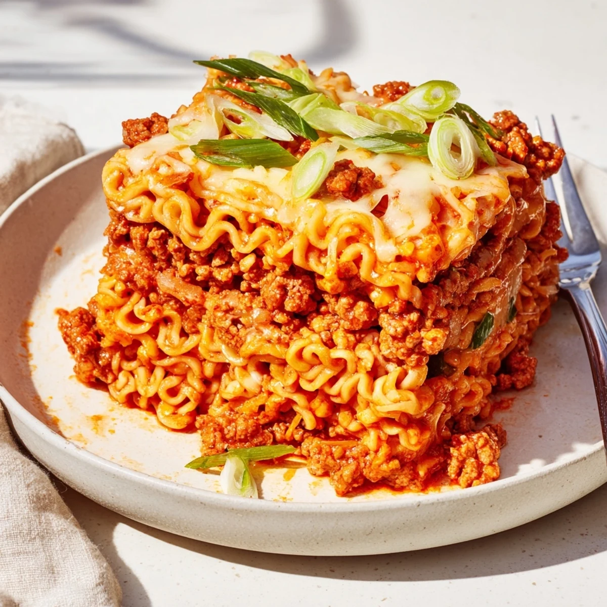 Comforting spicy ramen lasagna featuring ground pork and vibrant green onions garnish.