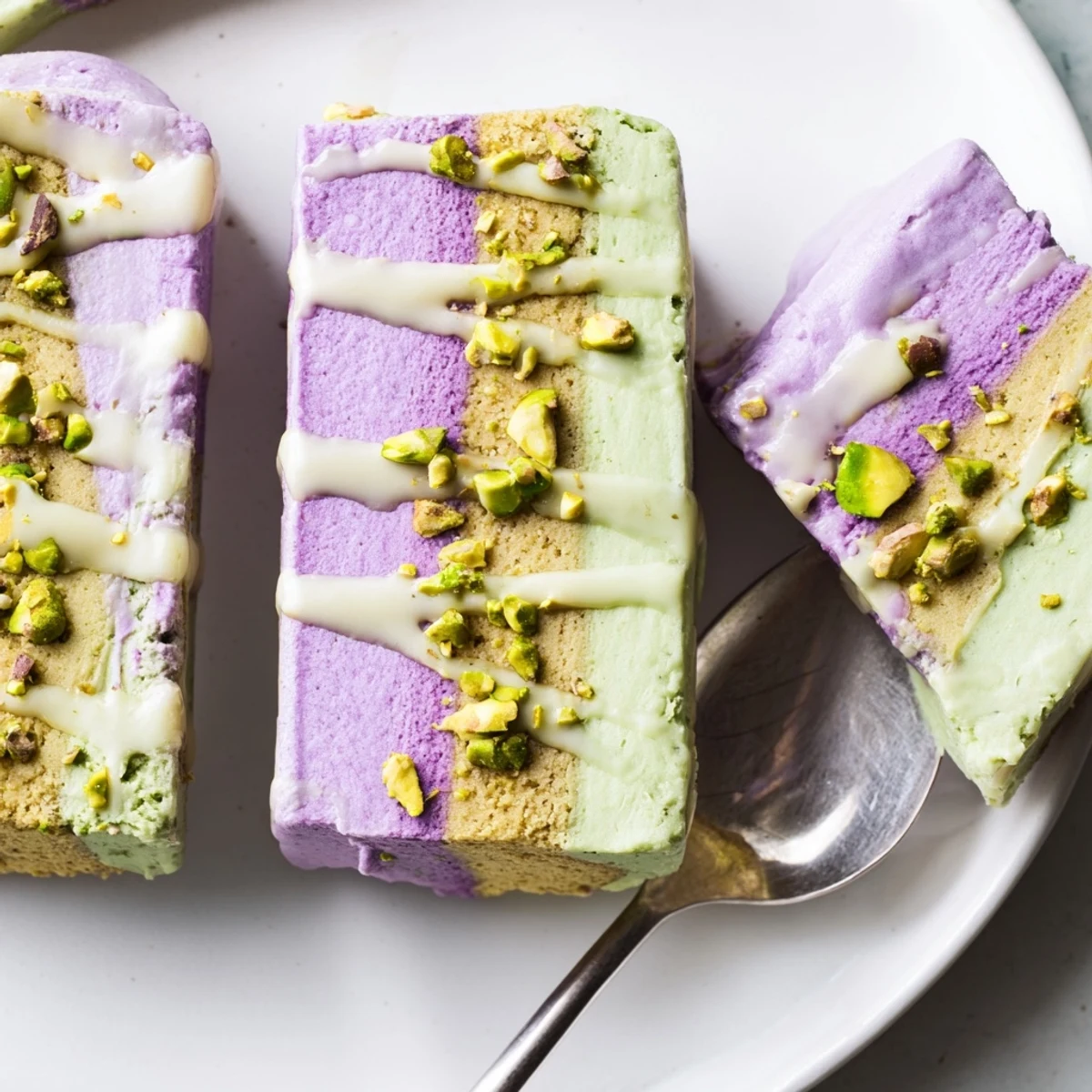 Creamy Ube & Pistachio Ice Cream Bars topped with chopped pistachios for added crunch.  