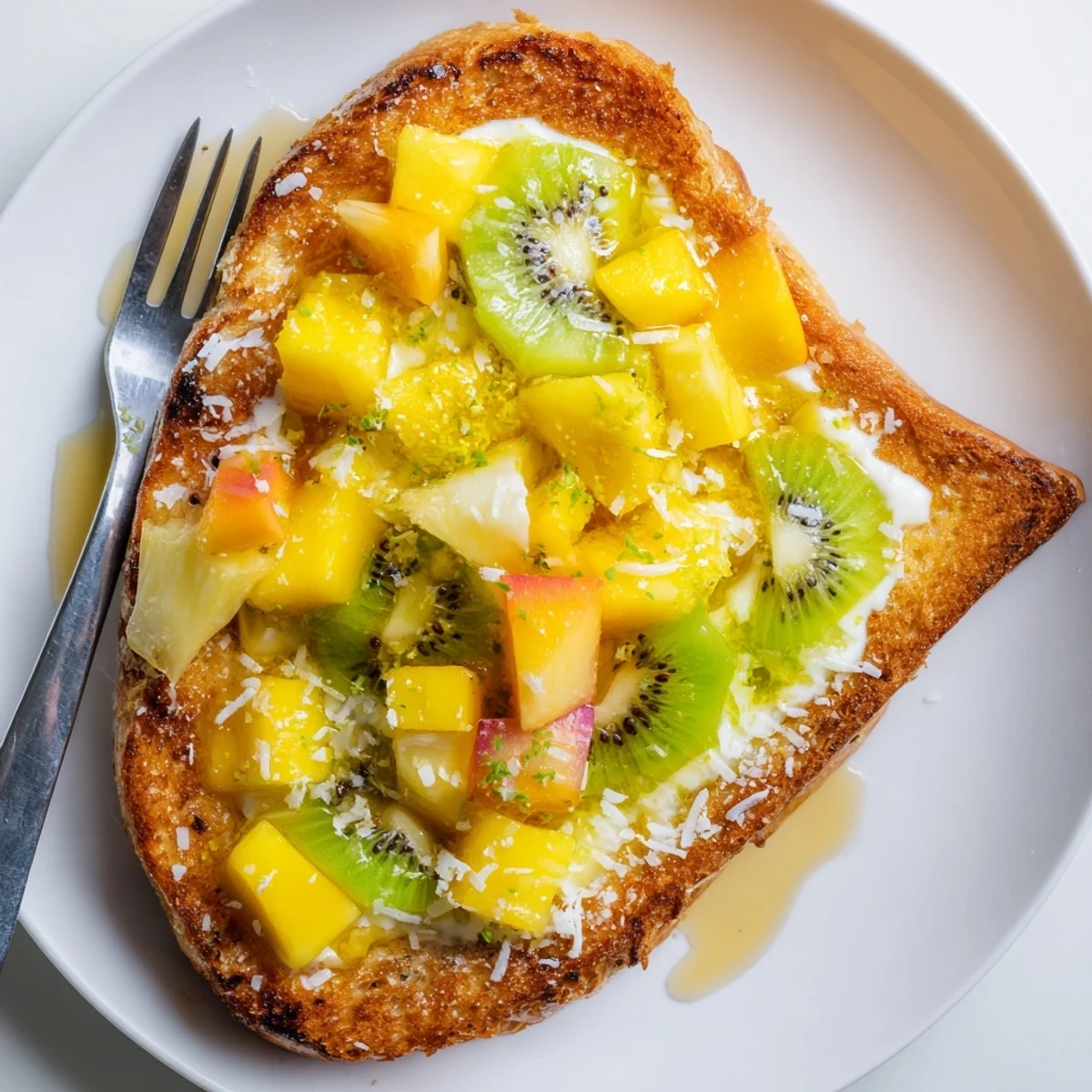 Vibrant Yogurt-Custard Toast bursting with fresh fruit and creamy coconut flavor.