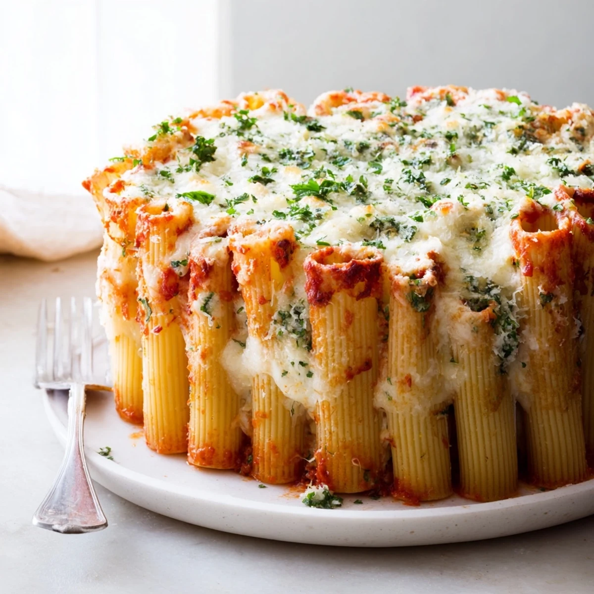 Stunning honeycomb pasta cake stacked with melted mozzarella and creamy ricotta filling.  