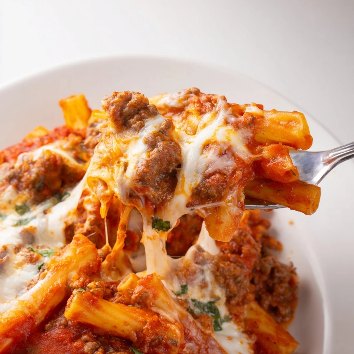 Comforting Cheesy Beef & Penne Bake, loaded with savory beef and rich tomato sauce.