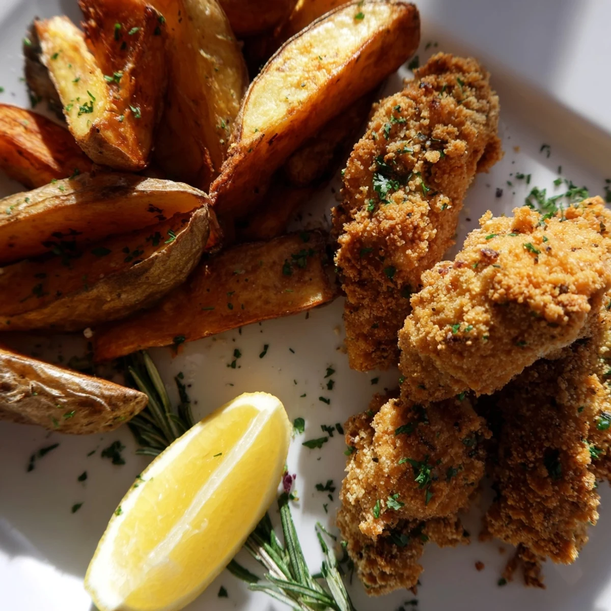 Crispy, golden herbed chicken tenders served with flavorful, homemade potato wedges and lemon.  