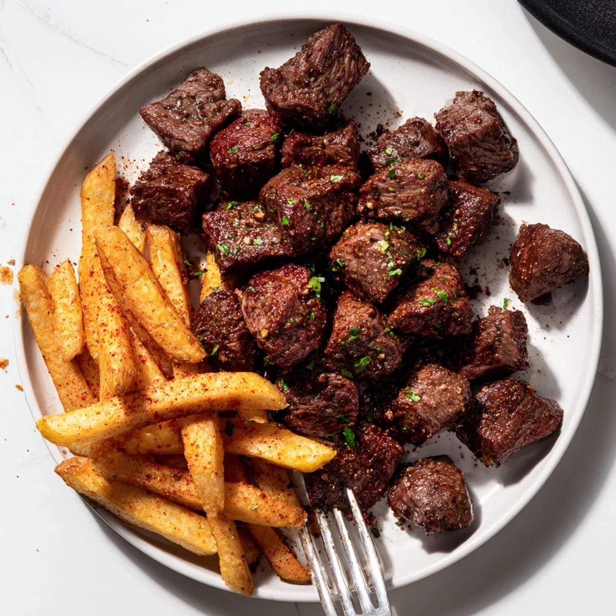 Juicy Blackened Cajun Steak Bites served with golden crispy fries on a plate.  