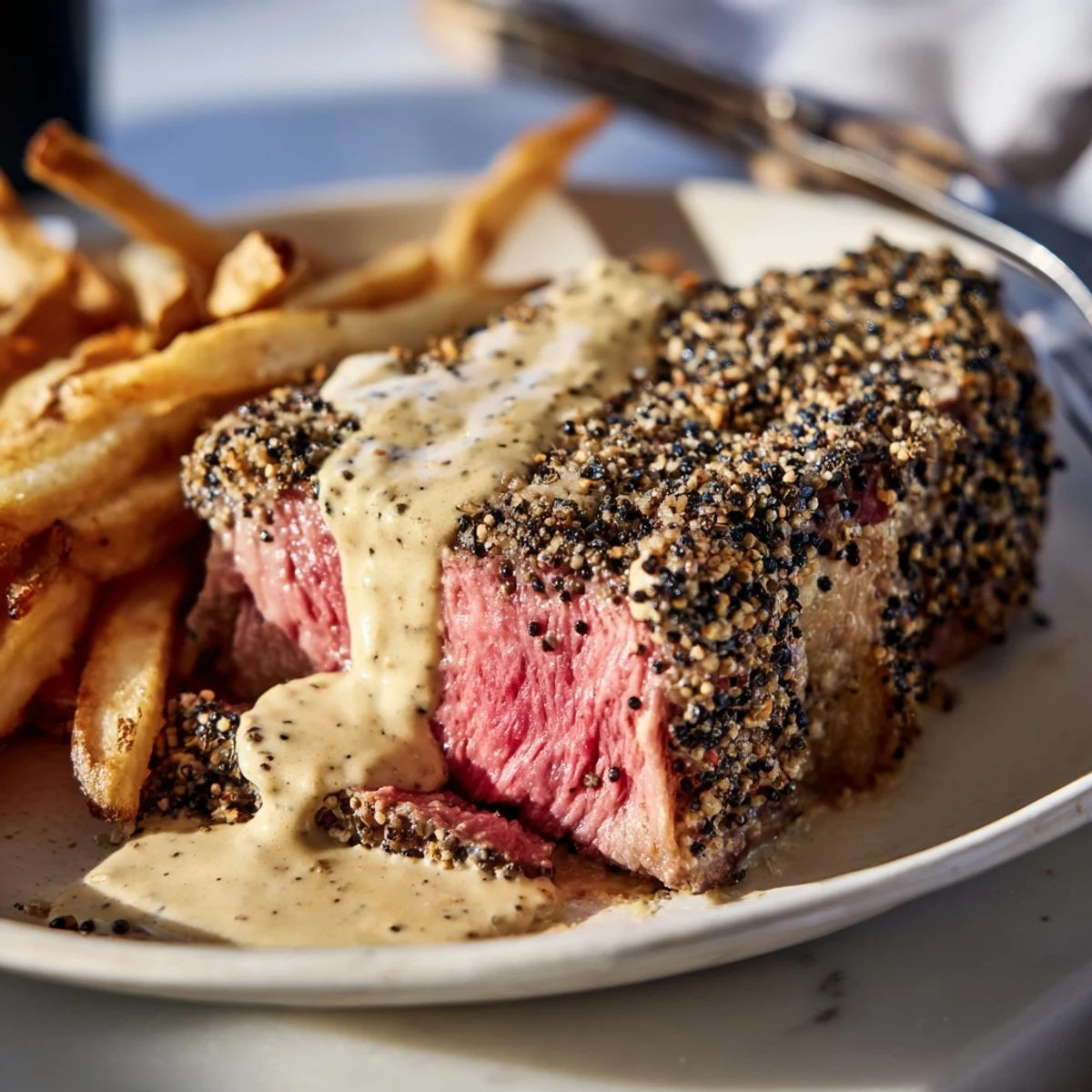 Perfectly seared Classic Peppercorn Ribeye with cracked peppercorns and homemade crispy fries.  
