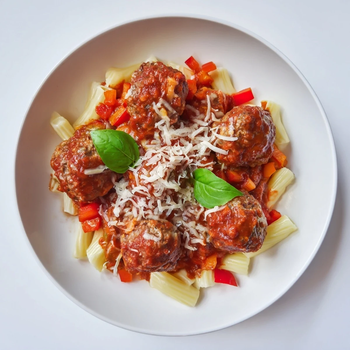 Pasta nests with juicy meatballs in Italian Meatball Pasta Skillet, topped with bubbling mozzarella.