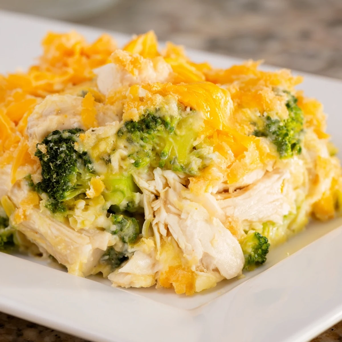 A close-up of a creamy Chicken & Broccoli Cheddar Bake: savory chicken, broccoli, and cheese.